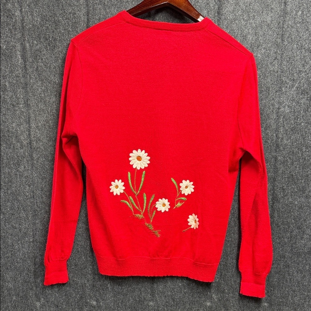 Ades of California Vintage Women's Red V-Neck Sweater with Floral Embroidery - Picture 3 of 7